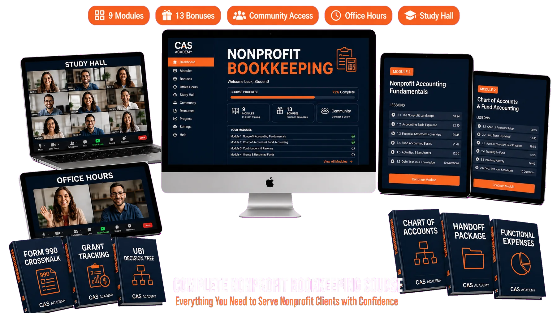 Nonprofit Bookkeeping Certification course, student dashboard, resources, and certificate mockup