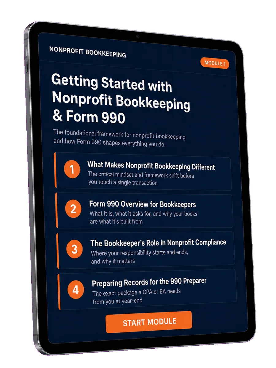 Module 1: Getting Started with Nonprofit Bookkeeping & Form 990 course mockup