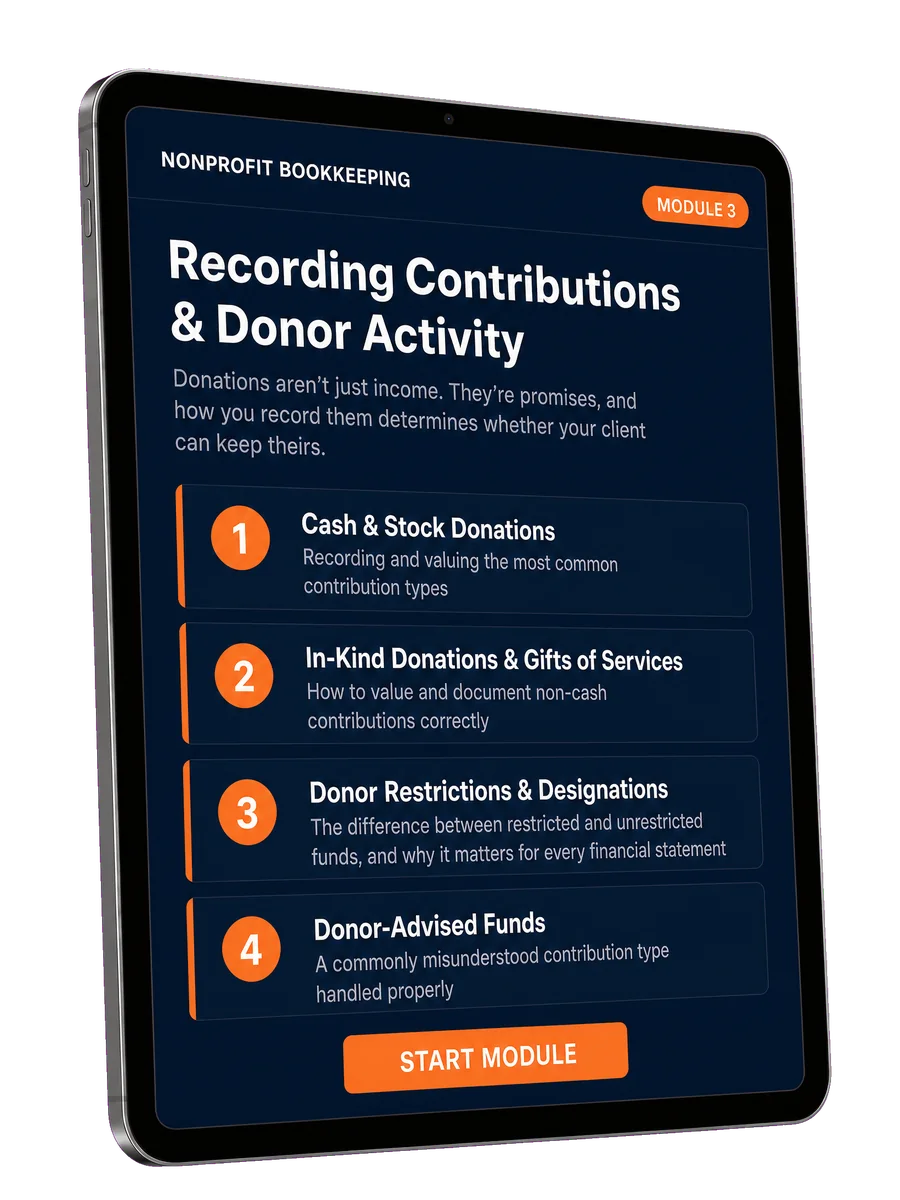 Module 3: Recording Contributions & Donor Activity course mockup