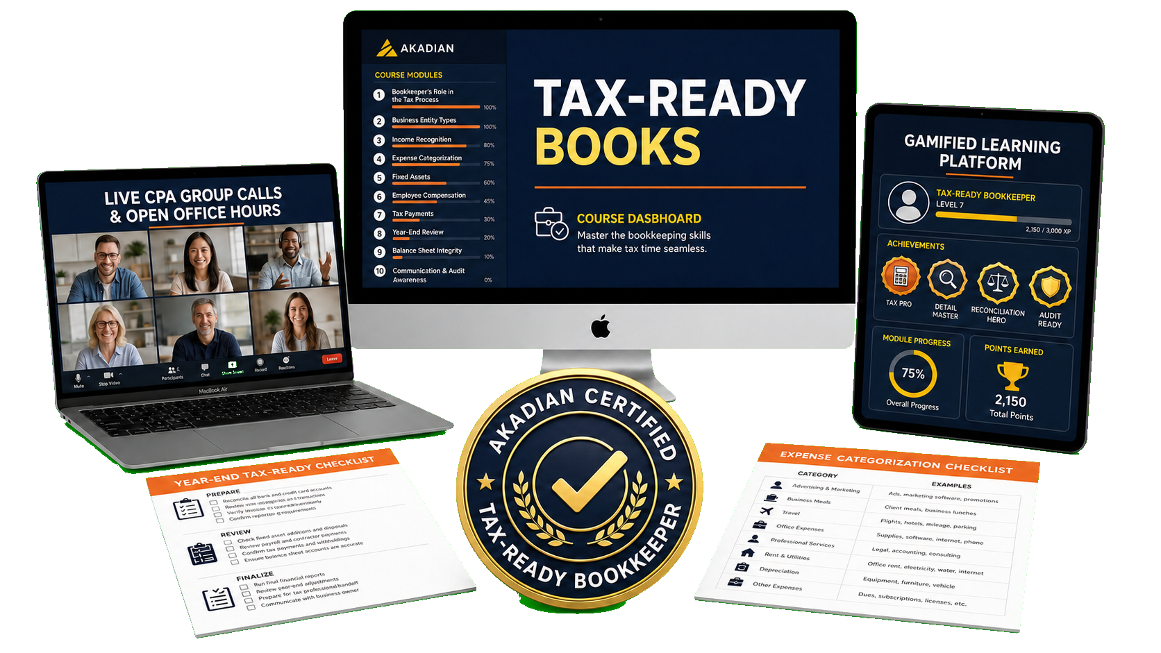Tax-Ready Books course dashboard, EA Office Hours, certification badge, learning platform, and checklist resources