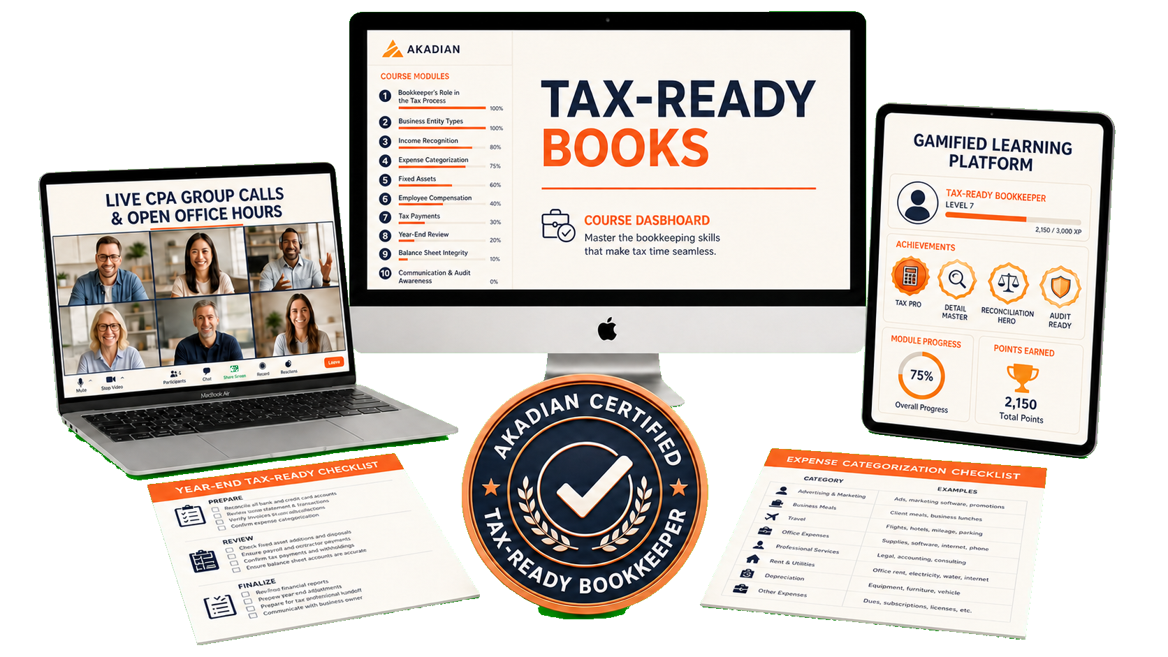Tax-Ready Books course dashboard, EA Office Hours, gamified learning platform, checklists, and certification badge mockup
